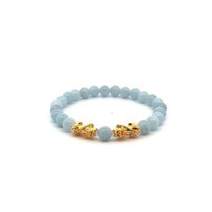 18K Gold Dragon Pixiu Double Piyao Charm Bracelet Gemstone March Birthstones 6mm